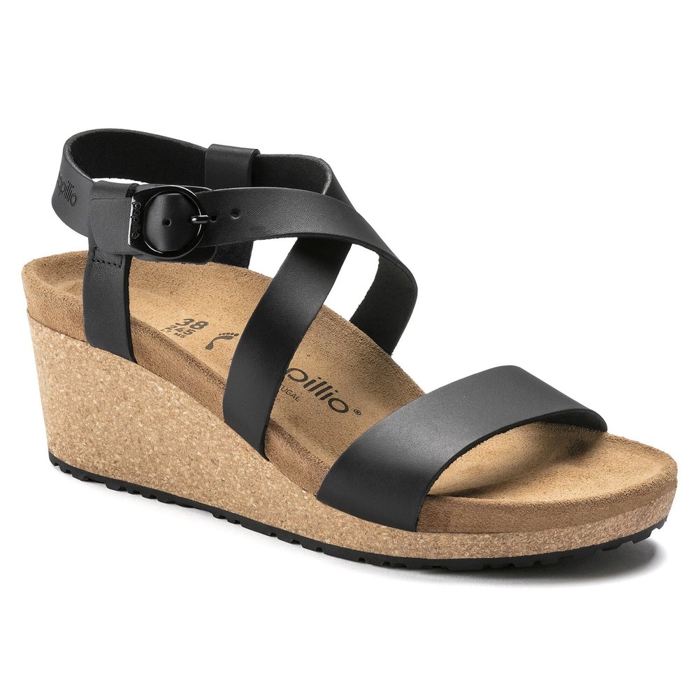 Papillio Birkenstock Sybil Wedge Sandal Black Leather Ankle Strap 39 US 8/8.5